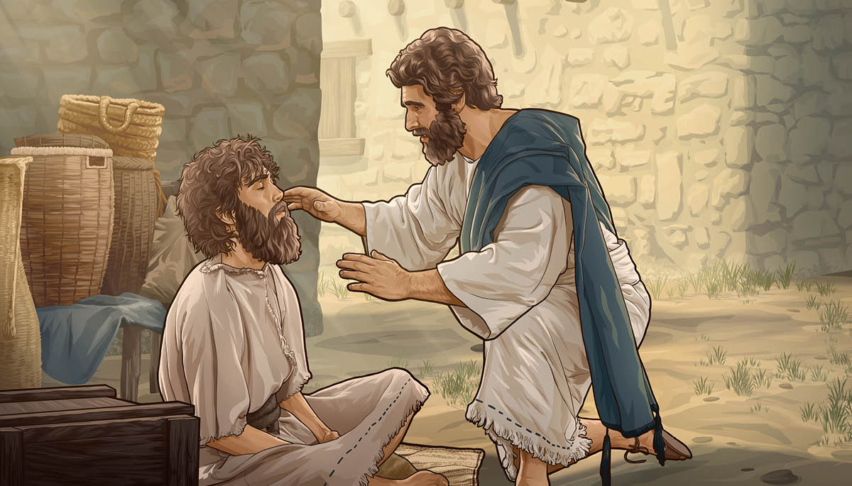 Jesus nähert sich behutsam einem Blinden, den er heilen möchte.