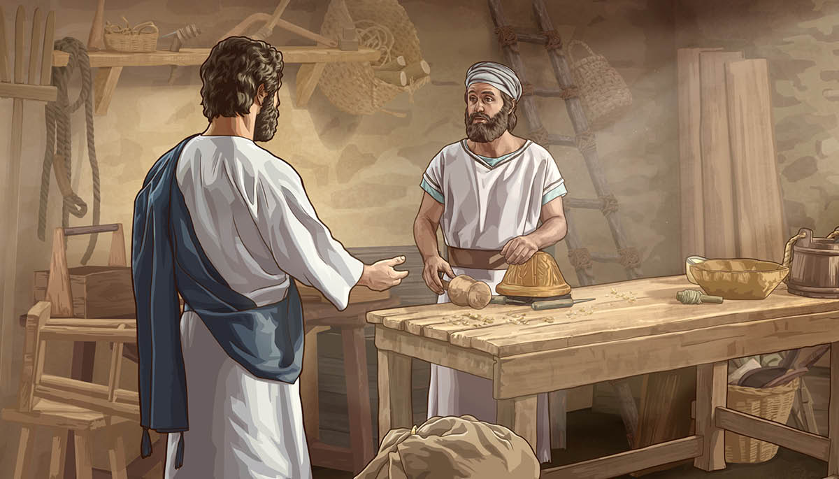 Jesus besucht seinen Bruder Jakobus in seiner Werkstatt. Jakobus ist überrascht, ihn zu sehen.
