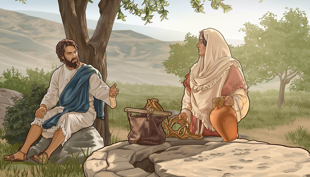 Jesus unterhält sich an einem Brunnen mit einer Frau.