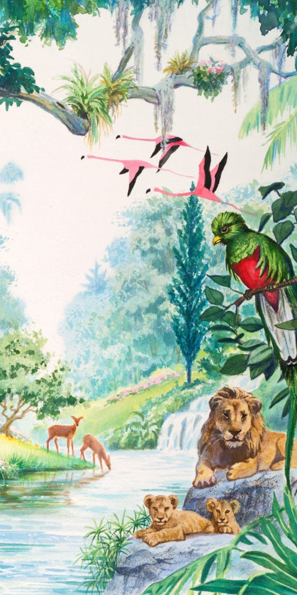 એદન બાગમાં સિંહ, પક્ષીઓ, અને હરણ