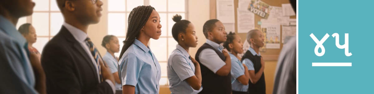 પાઠ ૪૫. બધાં બાળકો પ્રતિજ્ઞા બોલી રહ્યાં છે. એક યુવાન બહેન ચૂપચાપ ઊભી છે. બીજાં બાળકોની જેમ તે પ્રતિજ્ઞા બોલતી નથી અને તેણે દિલ પર હાથ પણ મૂક્યો નથી.