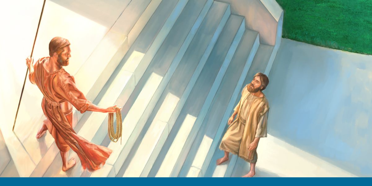 તાંબાના બનેલા માણસના હાથમાં શણની દોરી અને માપવાની લાકડી છે. તે હઝકિયેલને યહોવાના મંદિરમાં ફેરવે છે.