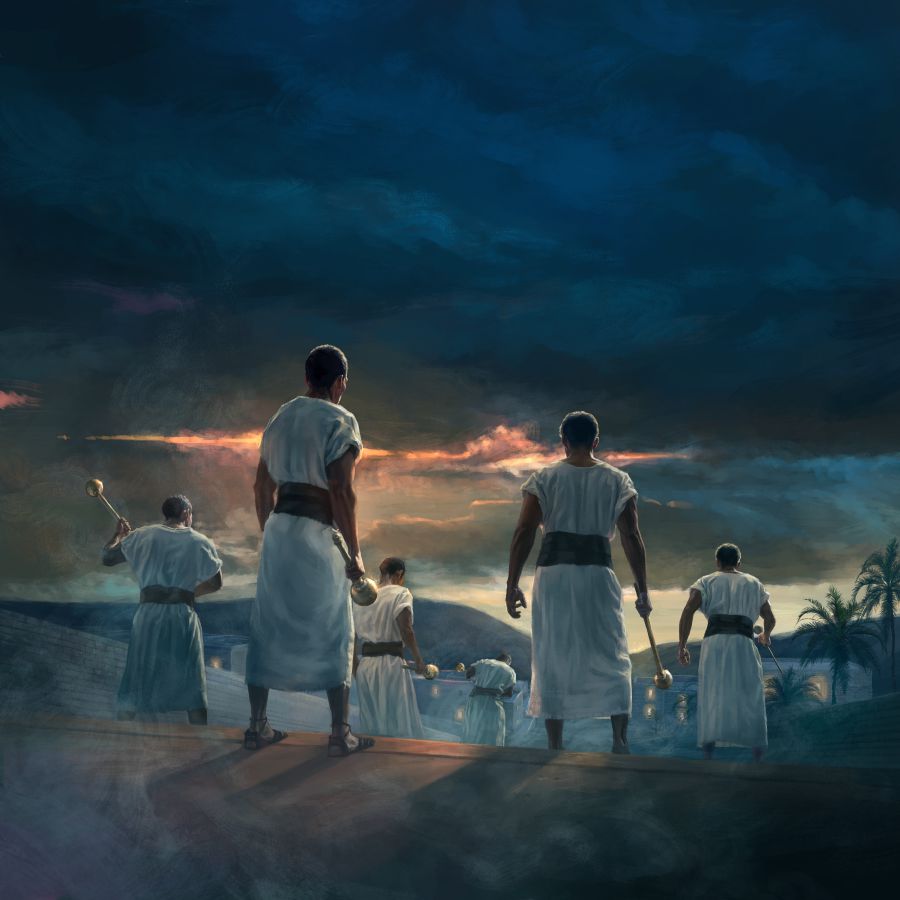 છ માણસો યરૂશાલેમ તરફ જઈ રહ્યા છે. દરેકના હાથમાં વિનાશનું હથિયાર છે.