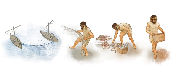 માછીમારની જાળમાં બધી જાતની માછલીઓ પકડાય છે, જેમાંથી સારી માછલીઓ ભેગી કરવામાં આવે છે