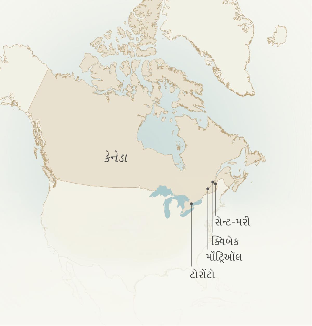કેનેડાના અમુક શહેરોનો નકશો જેમાં લીઓન્સ ક્રેપાલ્ટે સેવા આપી હતી:સેન્ટ-મરી, ક્વિબેક,મૉંટ્રિઑલ ટોરોંટો.