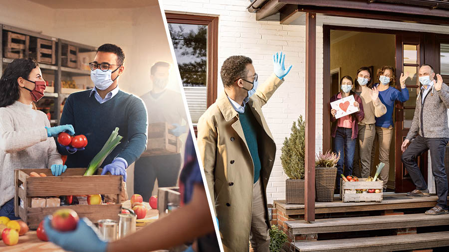 ચિત્રો: ૧. ભાઈ-બહેનો ખાવાની વસ્તુઓનાં બૉક્સ તૈયાર કરી રહ્યાં છે. ૨. ભાઈ જઈને એ બૉક્સ એક કુટુંબને આપે છે.