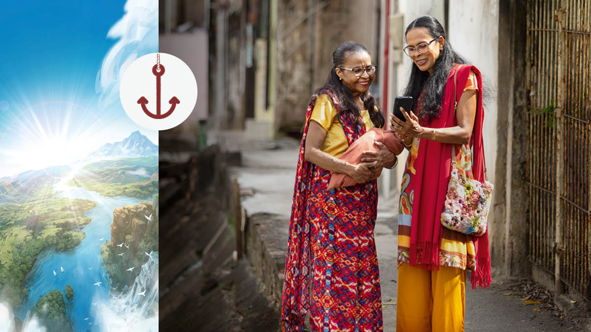 ચિત્રો: એક લંગરનું ચિત્ર. ૧. સુંદર અને મન મોહી લે એવું ચિત્ર, જેમાં વચ્ચોવચ એક નદી વહે છે, આજુબાજુ પહાડ છે અને બધે સરસ હરિયાળી છે. ૨. બહેન એક સ્ત્રીને ખુશખબર જણાવે છે.