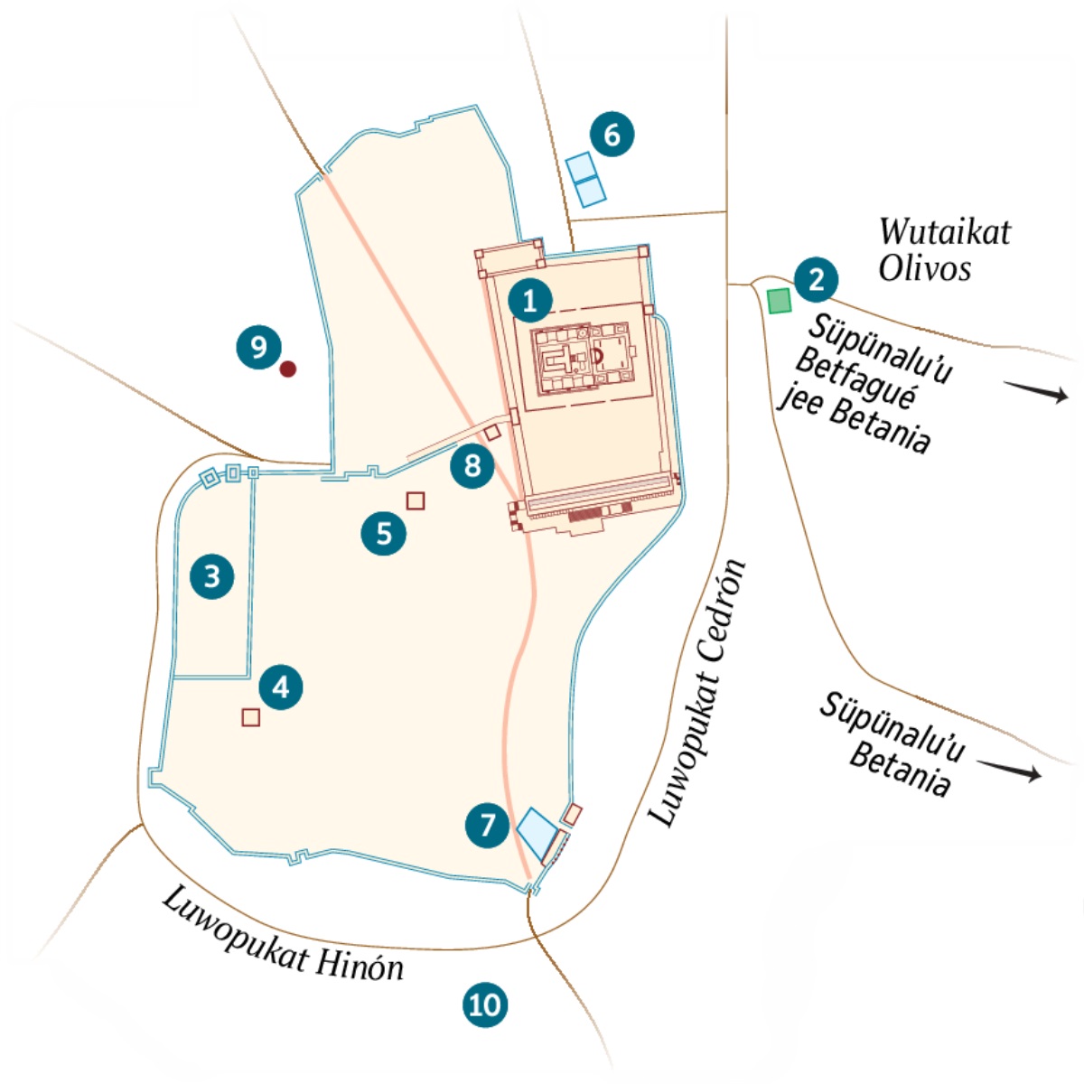 Jerusalén sümaa tü mma süʼütpünaakat. Waneirua mma jee eejatüle waneirua kasa. 1. Aʼwaajülee. 2. Yüüjakat Getsemaní. 3. Nipia chi aluwataashikai. 4. Nipia Caifás. 5. Miichi eejeere nuluwataapuʼuin Herodes Antipas. 6. Betzata, süpülajana wüin. 7. Siloam, süpülajana wüin. 8. Sanedrín. 9. Gólgota. 10. Akéldama.