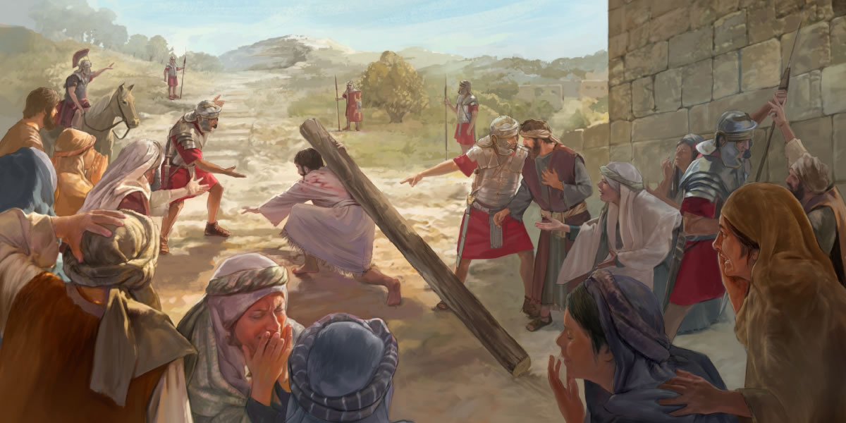 Jesús oñehaʼãmbaite oraha hag̃ua pe yvyra pohýi, upéi umi soldádo oovliga Simón de Cirénepe oraha hag̃ua pe yvyra