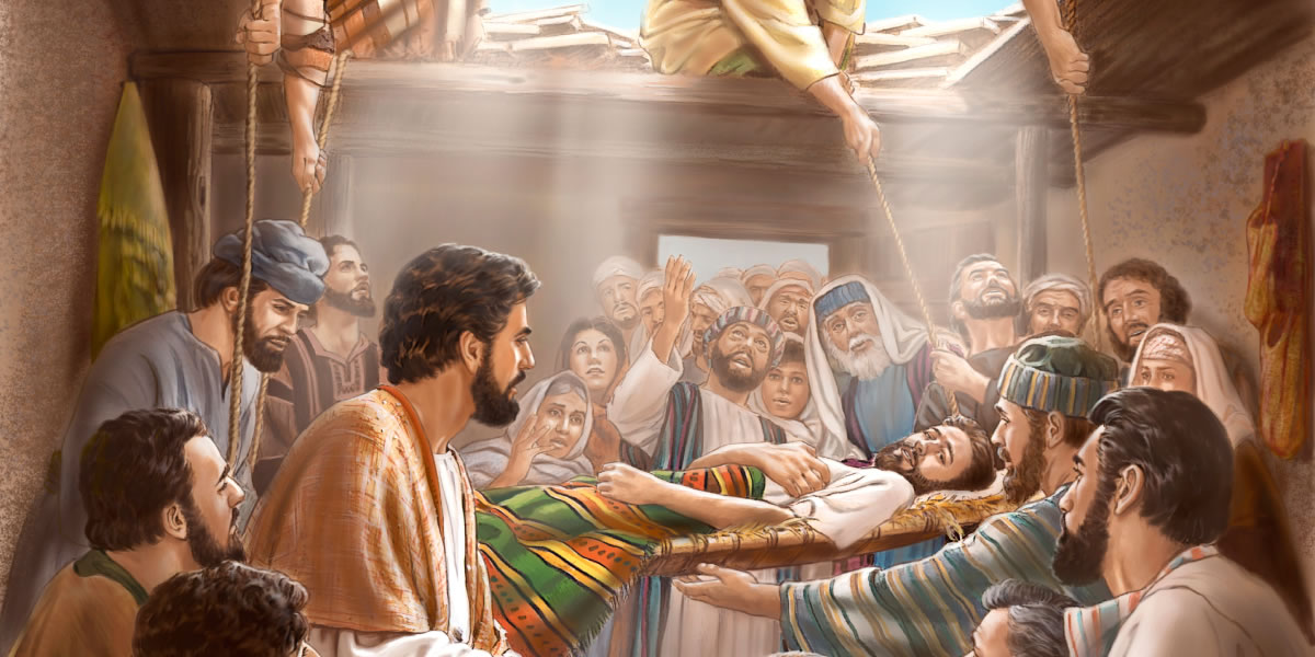 Oñembokua pe óga técho oñemog̃uahẽ hag̃ua Jesús rendápe peteĩ paralítikope