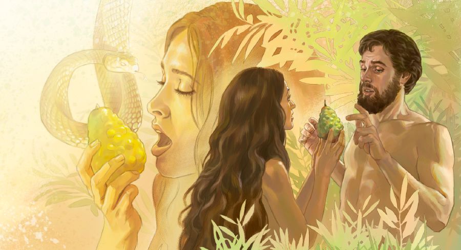 Eva hoʼu pe frúta proivída ha upéi omeʼẽ avei Adánpe hoʼu hag̃ua