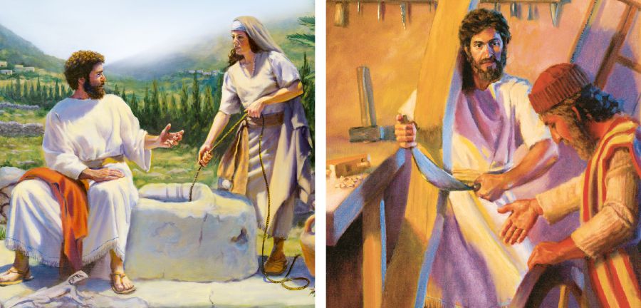 Jesús oñeʼẽ peteĩ kuña samaritánape peteĩ póso mátape; Jesús ombaʼapo hína karpinteríape