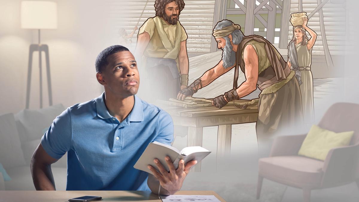 Peteĩ ermáno olee la Biblia ha ojepyʼamongeta hese. Haʼe oñeimahina mbaʼéichapa Noé ha ifamília omopuʼã pe árka.