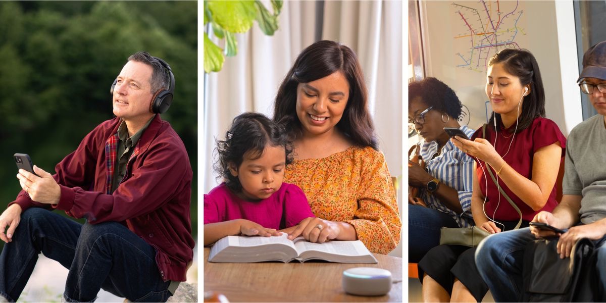 Taʼanga: Umi ohendúva pe gravasión de la Biblia. 1. Peteĩ ermáno oĩ peteĩ lugár itrankilohápe ha oipuru ijaurikulár ohendu hag̃ua pe gravasión de la Biblia. 2. Peteĩ ermána ha imembykuñaʼi ohendu peteĩ parlanteʼípe pe gravasión de la Biblia ha osegi la lektúra ibíbliape. 3. Peteĩ ermána oviaha aja oipuru ijaurikulár ha ohendu pe gravasión de la Biblia ha osegi la lektúra iselulárpe.