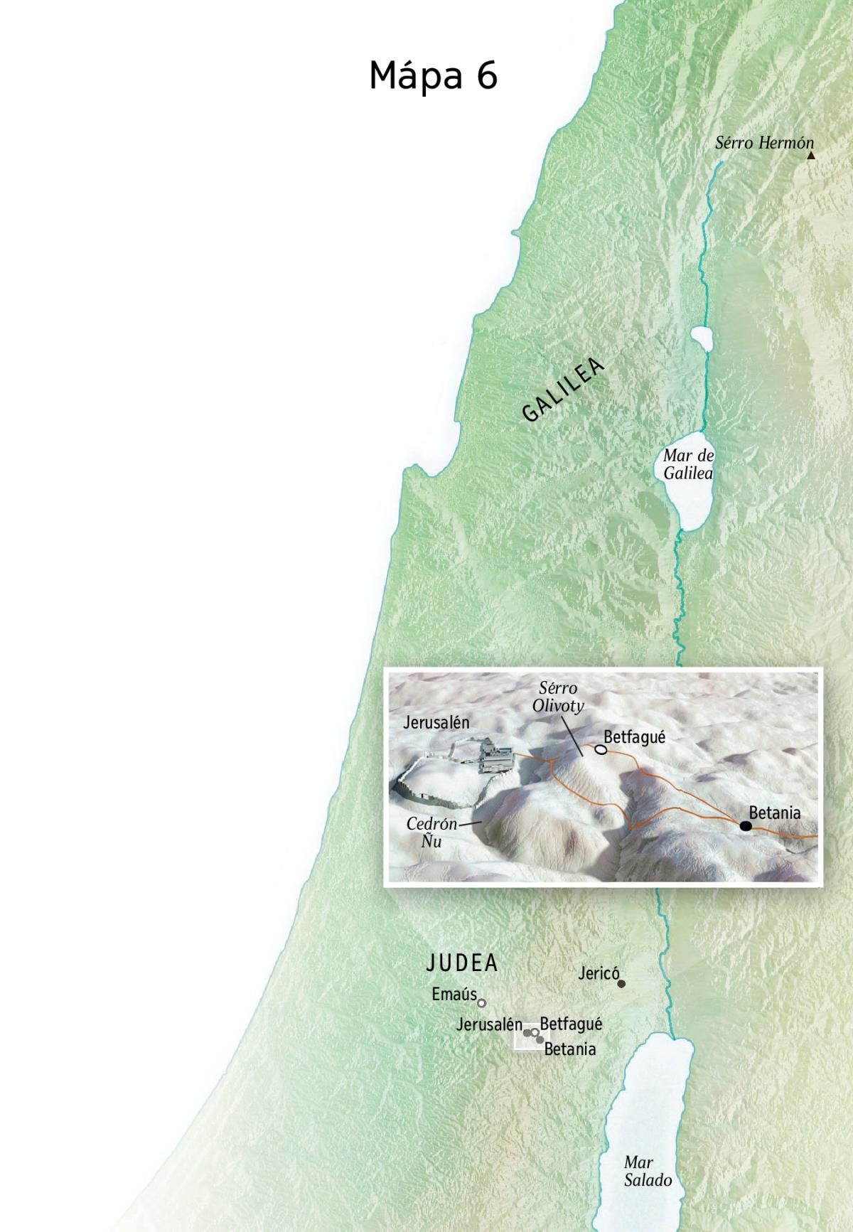 Mápa ohechaukáva Jesús rembiasakue ha avei Jerusalén, Betania, Betfagué ha pe Sérro Olivoty