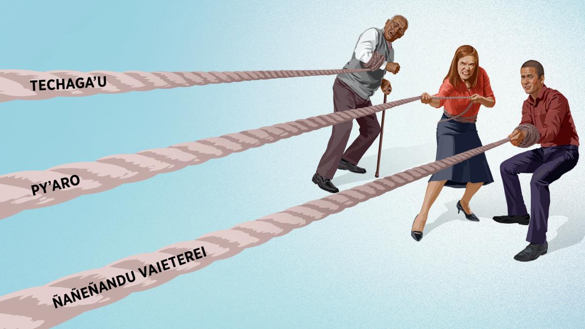 Peteĩ ermáno ijedáva, peteĩ ermána, ha peteĩ ermáno imitãva, káda uno oitira hína peteĩ pióla. Umi pióla héra: ‘Techagaʼu’, ‘pyʼaro’, ha ‘ñañeñandu vaieterei’.