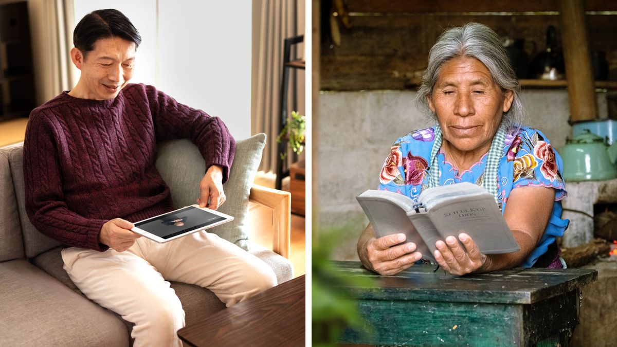 Taʼanga: 1. Peteĩ karai oipuru peteĩ távlet ohecha hag̃ua la Biblia lenguáhe de séñaspe. 2. Peteĩ kuñakarai ijedáva oĩ hóga isensillomívape ha olee la Biblia impréso iñidiomaitépe.