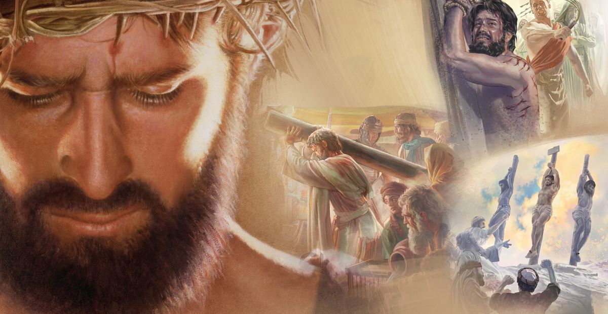 Taʼanga: 1. Jesús oreko iñakãre peteĩ koróna ojejapóva ñuatĩgui. 2. Oñeñapytĩ Jesúspe peteĩ póstere ha oñembyepoti chupe harreadórpe. 3. Haʼe oraha ijapére pe yvyra pohýi ha heta hénte omaña hese. 4. Haʼe osaingo peteĩ yvyráre ha ijykére oñemosaingo avei mokõi kriminálpe, uno káda ládo. Umi hénte omañáva oñembohory hese.