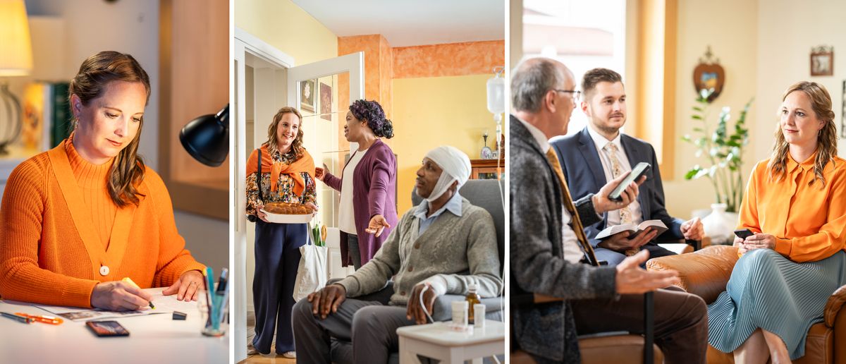 Taʼanga: Pe ermána jahecha vaʼekue pe ótro taʼangápe osegi ohechauka oikotevẽha Ñandejárare. 1. Haʼe ostudia pe Ñemañaha. 2. Oraha tembiʼu peteĩ matrimóniope hógape. Pe ermáno oĩ sílla de rruédape, iñakã ojeliapa véndape ha ijyváre oñemoĩ chupe peteĩ vía oho hag̃ua chupe la pohã. 3. Pe ermána ovyʼa mokõi ansiáno ovisitávo chupe.