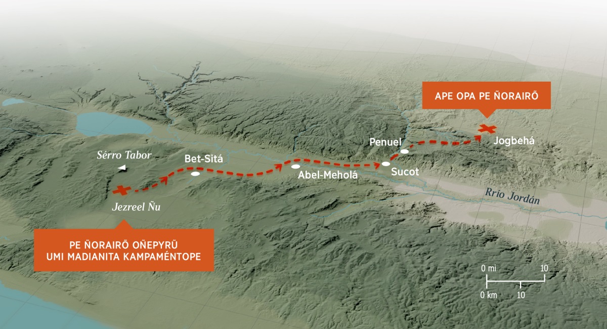 Ko mápape ojekuaa Gedeón ha ijehérsito omuña hague umi madianítape Jezreel Ñu guive, Jogbehá peve. Ojekuaa avei upe sónape oĩha heta sérro.