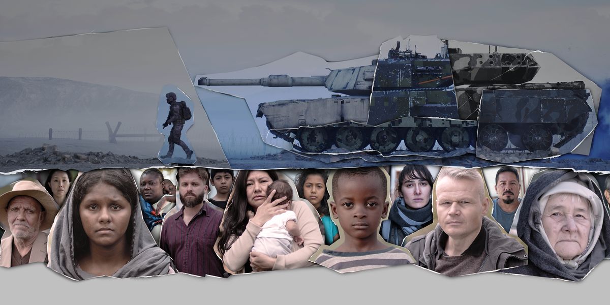 Taʼanga: 1. Peteĩ soldádo oguatáva ohóvo peteĩ kámpo de gérrape ha ikupépe oĩ peteĩ tánke de gérra. 2. Unos kuánto, kuimbaʼe, kuña ha mitã diferénte paisgua ojeperhudikáva pe gérra káusare.