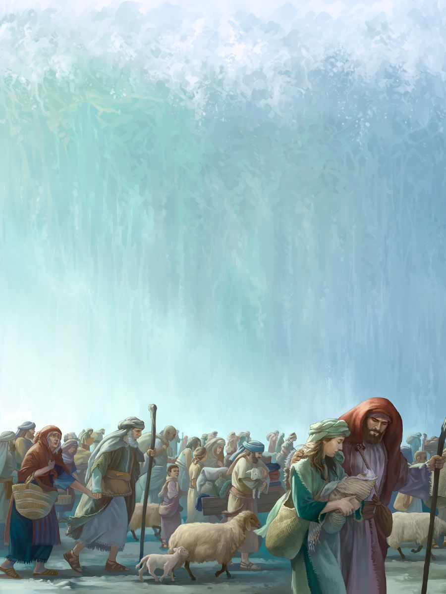 The Israelites walk on the dry seabed with a wall of water beside them