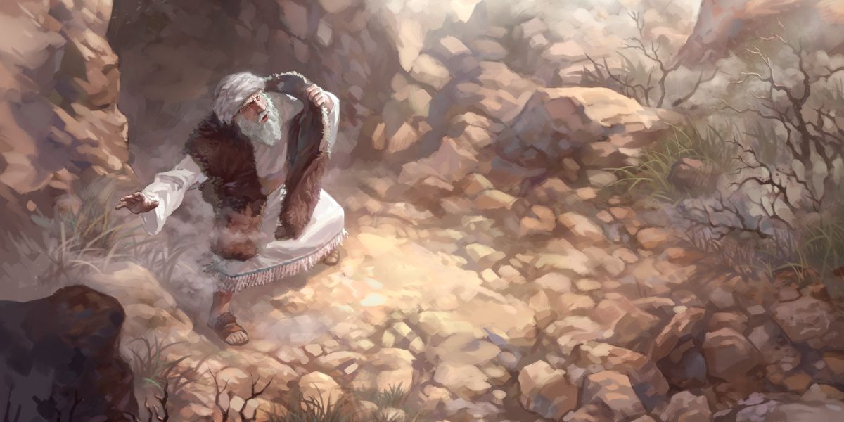 Elijah stands outside a cave at Mount Horeb and listens to God’s angel