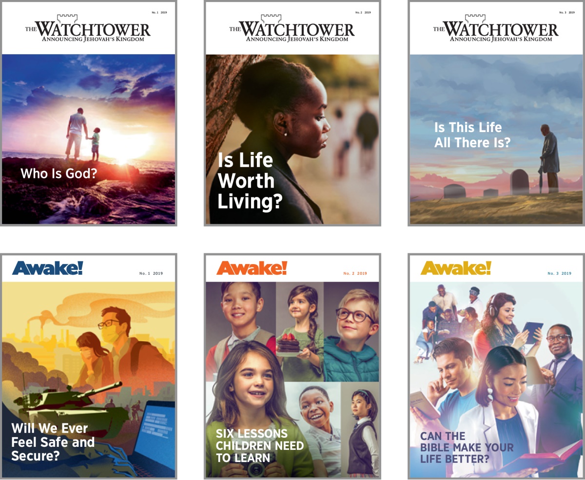 Fɔɔra: 2019 ‘The Watchtower’ la ‘Awake!’ yelezuto. 1. ‘Who Is God?’ 2. ‘Is Life Worth Living?’ 3. ‘Is This Life All There Is?’ 4. ‘Will We Ever Feel Safe and Secure?’ 5. ‘Six Lessons Children Need to Learn.’ 6. ‘Can the Bible Make Your Life Better?’