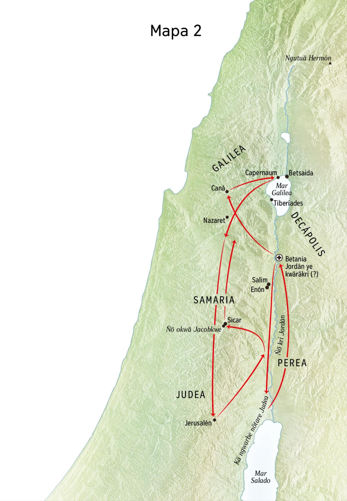 Mapa tä blite Jesús kukwe driebare medente yebätä, aune blitata ñö Jordán aune Judea yebätä arato