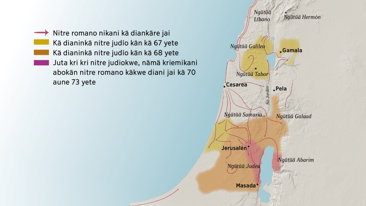 Ngütü aune juta ruäre siglo 1 ye tä mikani mapabätä. Jerusalén ngwitärikri yete ngütüa Líbano ye, Galilea, Samaria aune ngütua Galaad, ngütüä Hermón aune ngütüa Tabor, aune juta Gamala, Cesarea bätä Pela. Jerusalén motorikri yete ngütü Judea aune Abarim ye tä, bätä juta Masada. Nitre romano nikani ji medenbiti rükäre ye tä mikani aune juta ruäre dianinkä nitre judío kän kä 67 aune kä 73