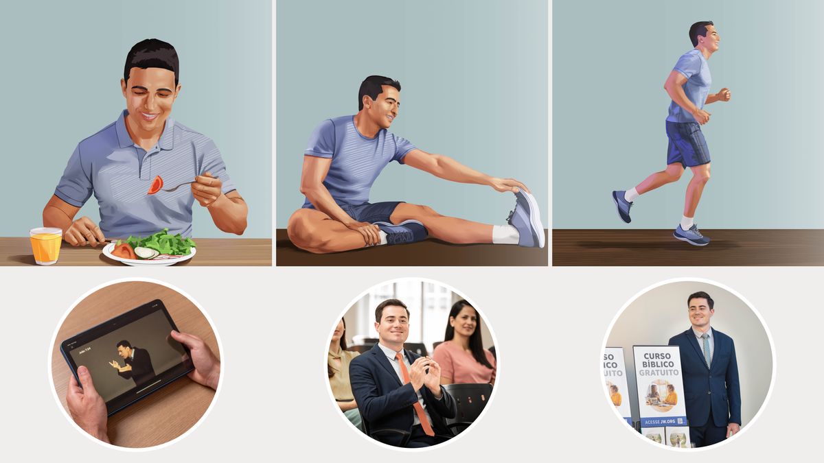 Hình ghép: 1. Một vận động viên đang ăn một bữa ăn dinh dưỡng; hình nhỏ cho thấy một anh đang đọc Kinh Thánh. 2. Vận động viên ấy kéo giãn cơ; hình nhỏ cho thấy anh của chúng ta đang bình luận tại buổi nhóm họp. 3. Vận động viên ấy chạy; hình nhỏ cho thấy anh của chúng ta đang làm chứng bằng quầy di động.