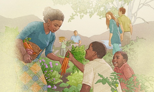 Personas cosechando alimentos y disfrutando del Paraíso terrestre bajo el Reino de Dios