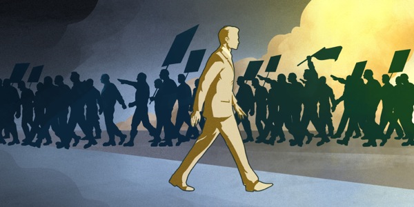 Un testigo de Jehová alejándose de una protesta política