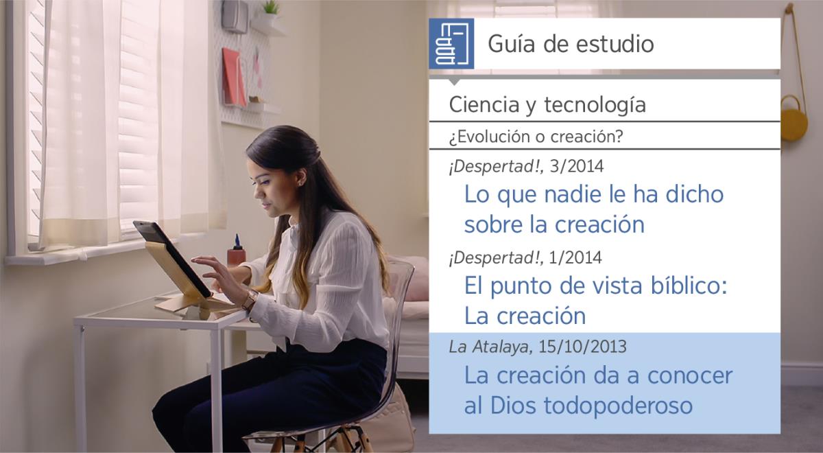 Una imagen del video “La alegría de hacer discípulos. Aceptemos la ayuda de Jehová: Usemos las herramientas de investigación”. Rita usa la ‘Guía de estudio’ para buscar información sobre la creación.
