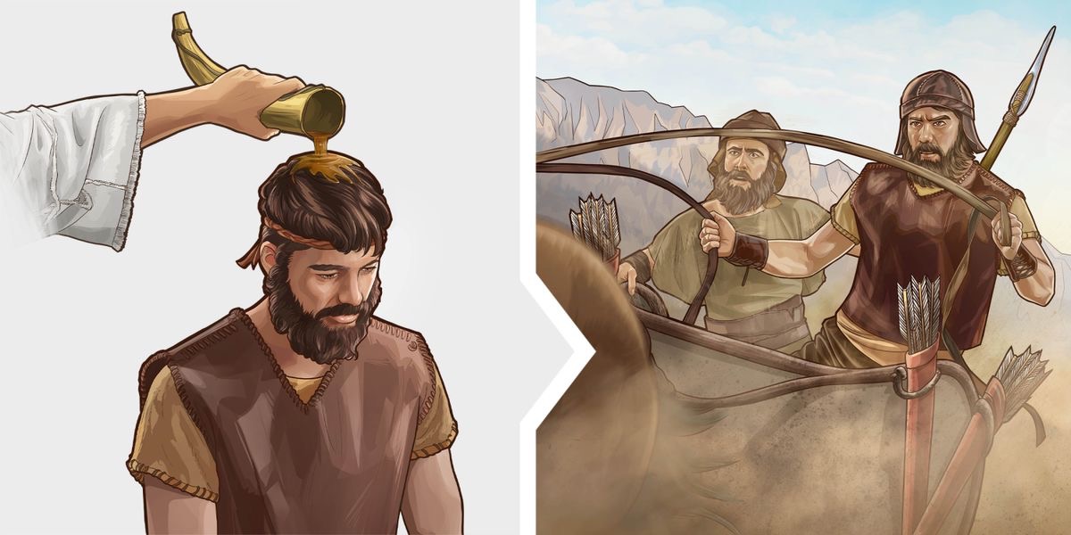Serie de imágenes: 1. A Jehú lo ungen derramándole aceite sobre la cabeza. 2. Jehú, listo para la batalla, maneja su carro con decisión.