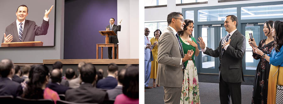 Serie de imágenes: 1. Un hermano está dando un discurso en una asamblea. 2. Unos hermanos felicitan y admiran al hermano que dio el discurso, pero él es humilde y no quiere llevarse el mérito.
