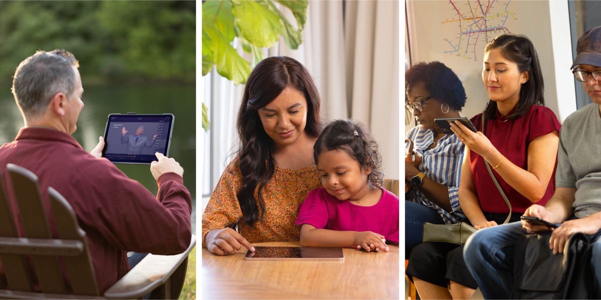 Imágenes de personas viendo la “Traducción del Nuevo Mundo” en lengua de señas: 1. Un hermano que está al aire libre ve un texto de la Biblia en su tableta. 2. Una madre y su hijita ven la Biblia en un dispositivo electrónico. 3. Una hermana ve la Biblia en su celular mientras está en el transporte público.