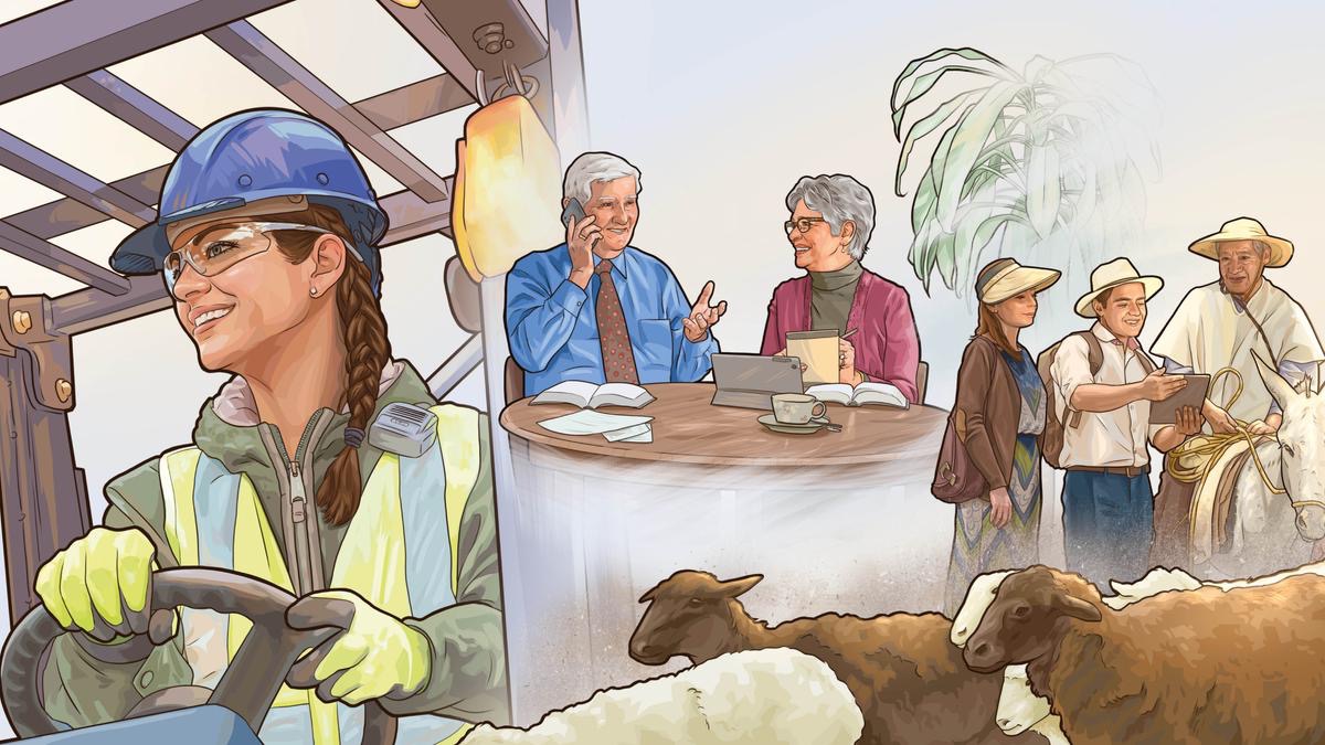 Serie de imágenes: 1. Una hermana joven manejando maquinaria pesada en la construcción. 2. Un matrimonio mayor predicando por teléfono. 3. Un matrimonio predicando en un territorio de necesidad.