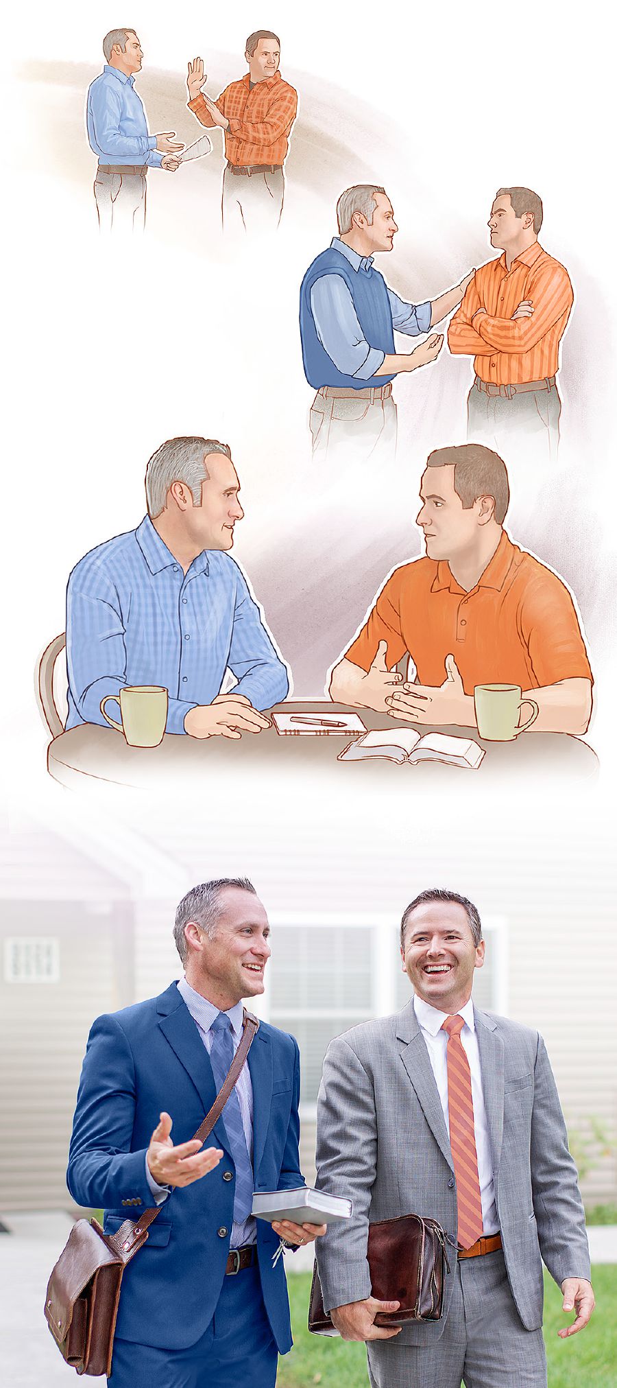 Un cristiano intenta hablar varias veces con un hermano para resolver una diferencia. Luego se les ve contentos predicando juntos.