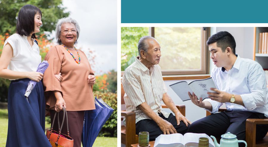 Una hermana joven predica con una hermana mayor; un hermano joven le lee el texto diario a un hermano mayor