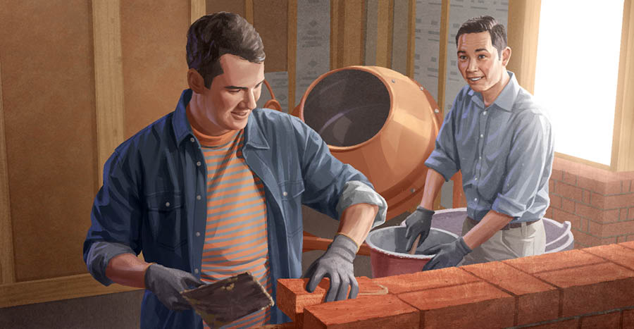 El anciano ayuda al hermano a reparar su casa.