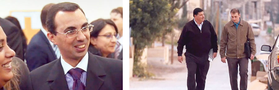סדרת תמונות:‏ 1.‏ גבר ערבי ואדם אחר הולכים יחד ומשוחחים.‏ 2.‏ גבר יהודי נמצא בין חבריו ומחייך.‏