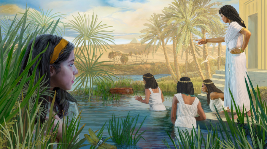 מרים הילדה מסתתרת בין קני הסוף ורואה את בת פרעה שולחת את אחת ממשרתותיה להביא את התיבה שבה שוכב משה התינוק.‏