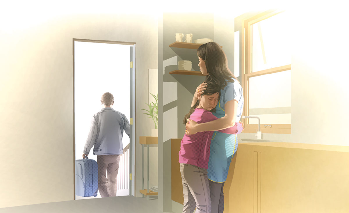 אישה שבורת לב מסתכלת כשבעלה עוזב את הבית.‏ בתם בוכה ומחבקת את האימא.‏