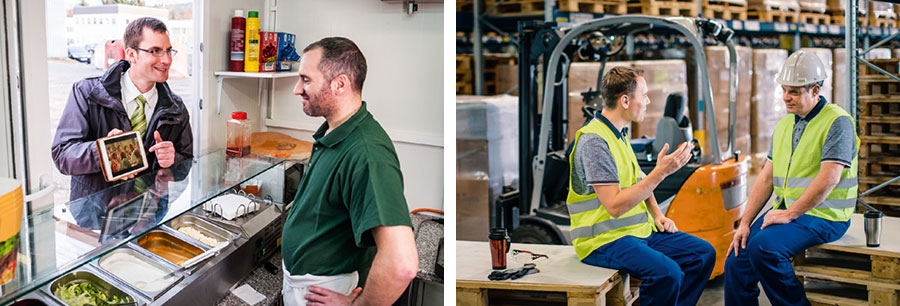 קולאז׳:‏ 1.‏ אח מבשר לעמיתו לעבודה בזמן ההפסקה.‏ 2.‏ אח מראה סרטון לעובד במסעדה.‏