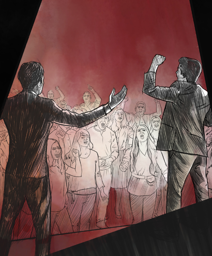 שני מורדים מסיתים קהל למחאה.‏