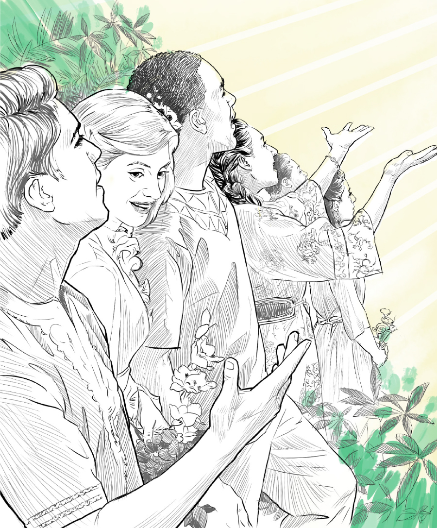 בני אדם מושלמים בגן עדן מהללים את יהוה.‏