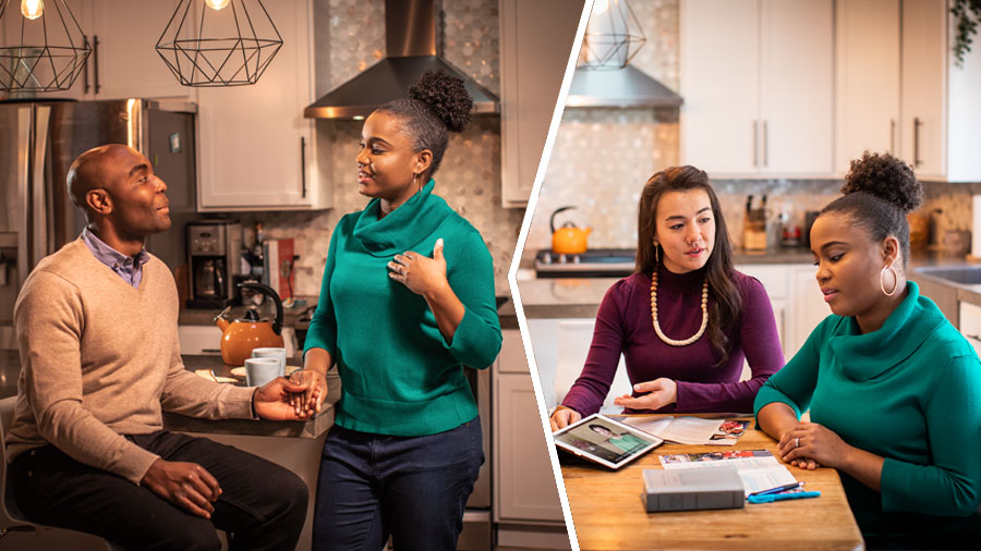 סדרת תמונות:‏ 1.‏ האחות מראה לתלמידת המקרא שלה סרטון המציג דוגמה מהחיים.‏ 2.‏ תלמידת המקרא מסבירה לבעלה את אמונותיה החדשות.‏