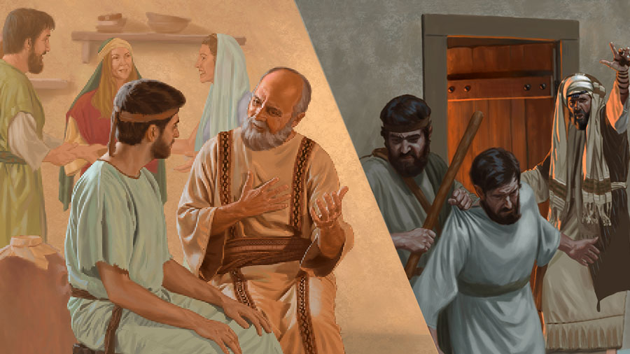 סדרת תמונות:‏ 1.‏ פאולוס,‏ כשעוד היה פרוש,‏ מורה על מעצרו של משיחי.‏ 2.‏ פאולוס,‏ לאחר שהפך למשיחי,‏ מעודד אח צעיר.‏