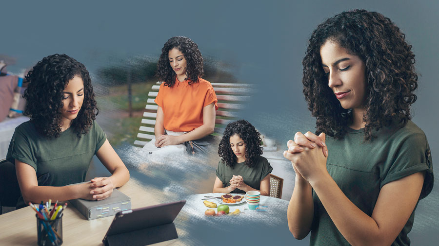 סדרת תמונות:‏ אחות מתפללת בזמנים שונים במהלך היום.‏ 1.‏ לפני ארוחה.‏ 2.‏ כשהיא יושבת על ספסל בפארק.‏ 3.‏ לפני שהיא לומדת את המקרא.‏